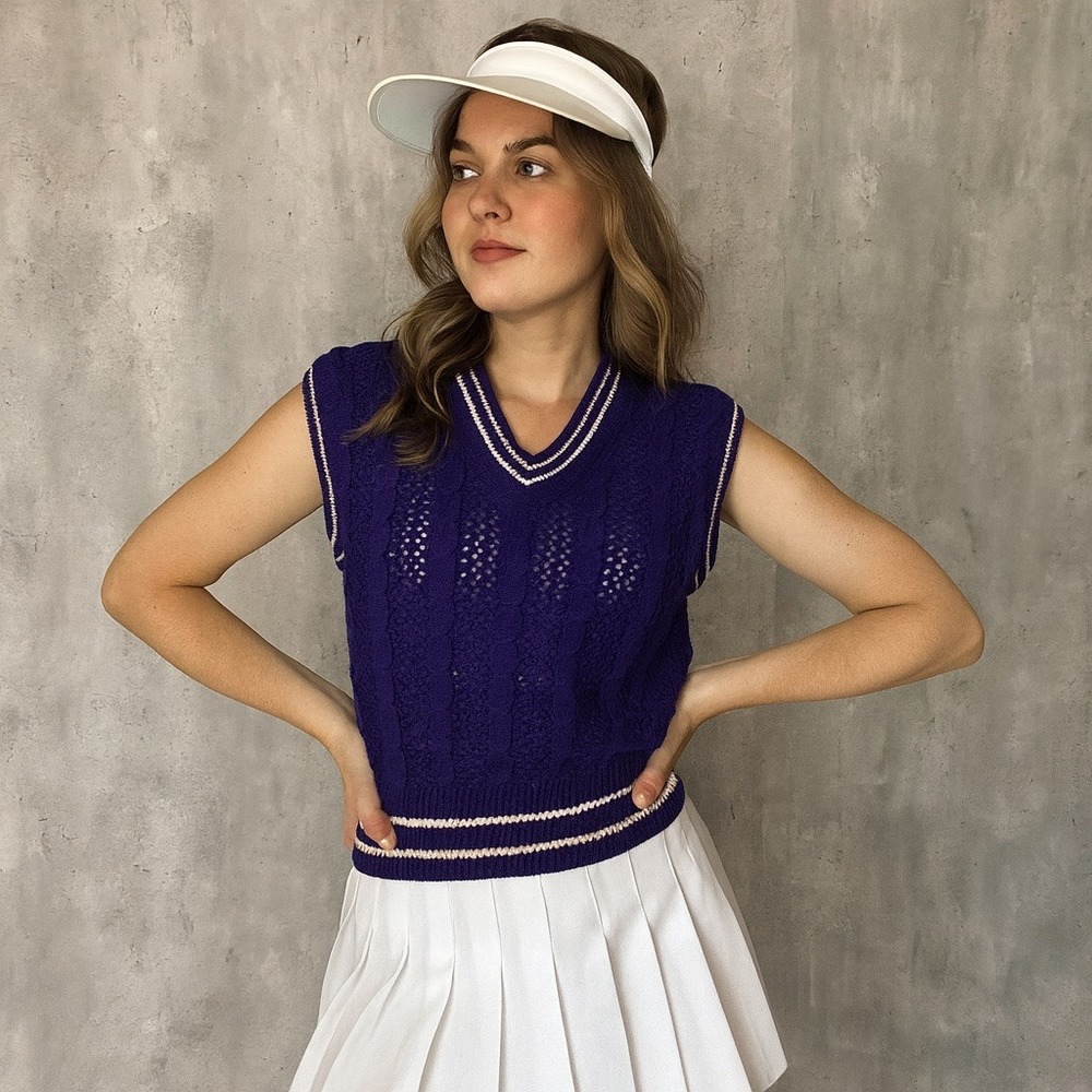 Vintage 80s Marcia Purple Knit Sweater Vest USA Cable‎ Crochet Preppy Tenniscore